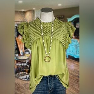 Solid Pleated Flutter Sleeve Blouse Small